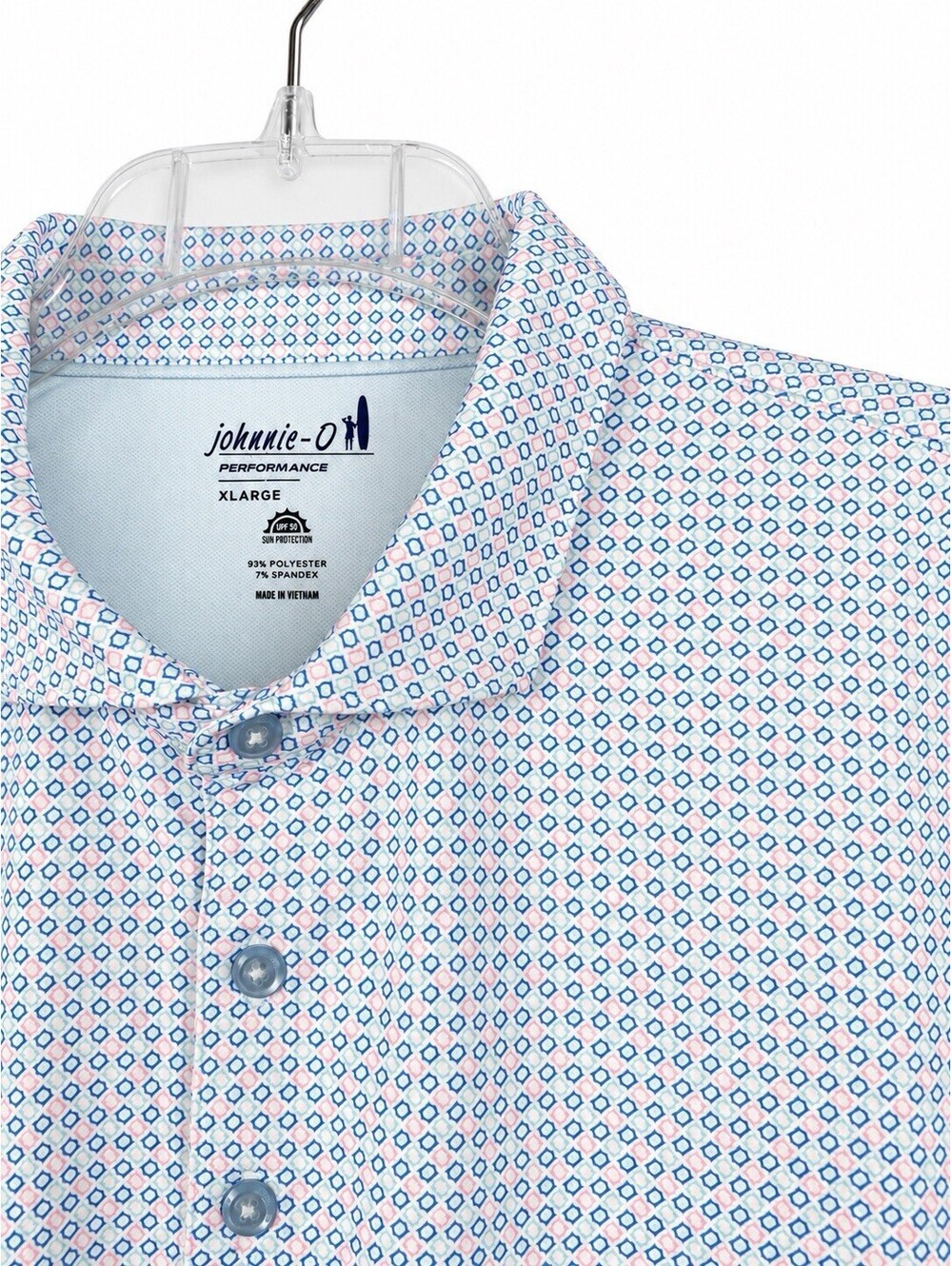 johnnie-O Gilbert Polo Men’s XL White Blue Pink Geometric Golf UPF 50 Stretch